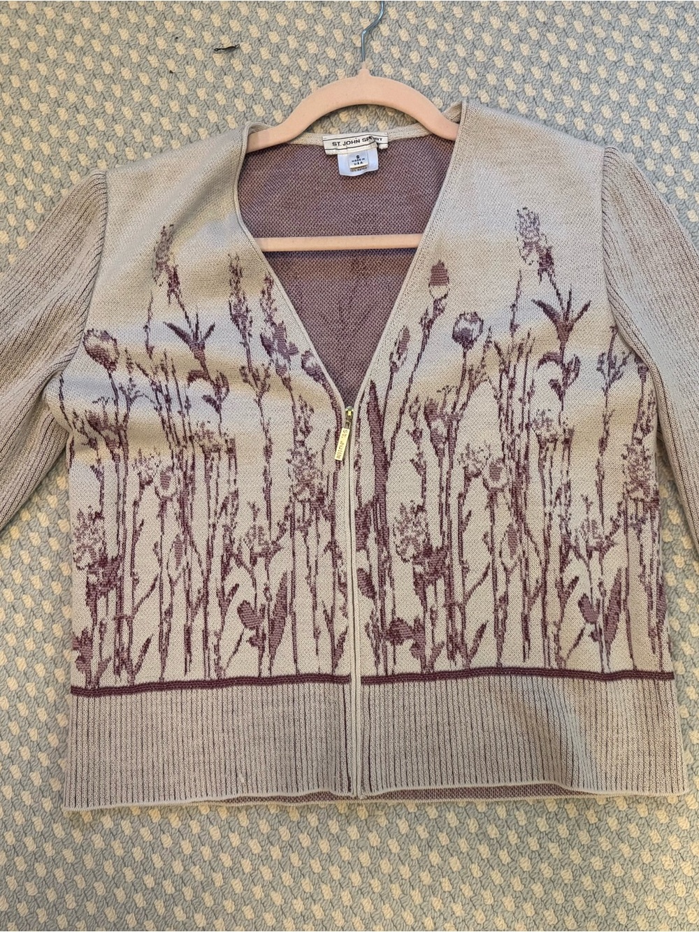 St. John Knit Floral Zip Cardigan Jacket in Taupe and Plum